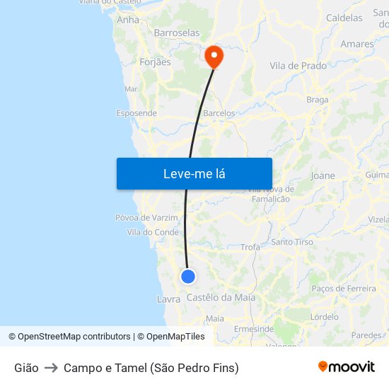 Gião to Campo e Tamel (São Pedro Fins) map