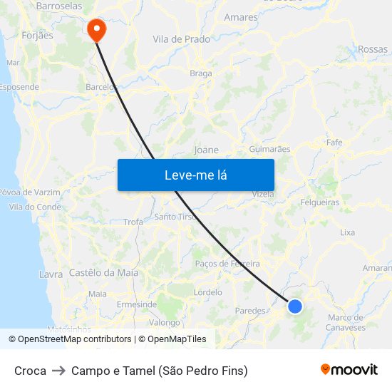 Croca to Campo e Tamel (São Pedro Fins) map