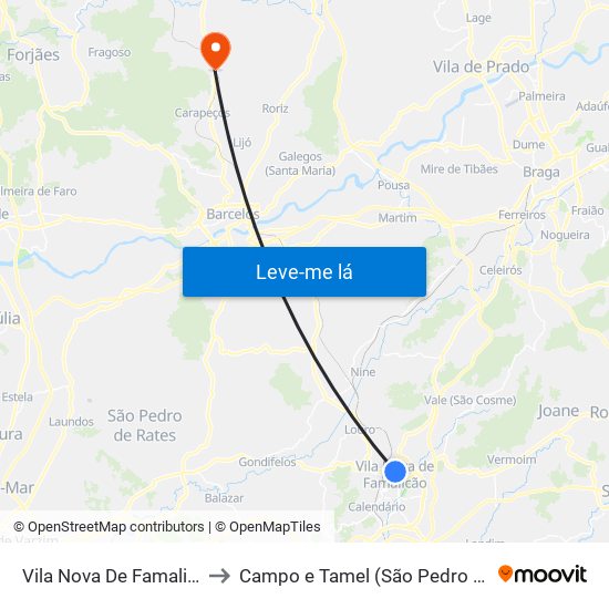 Vila Nova De Famalicão to Campo e Tamel (São Pedro Fins) map
