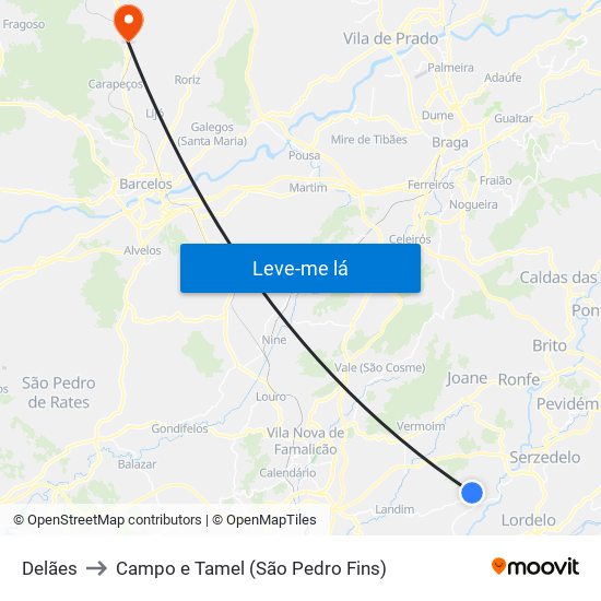 Delães to Campo e Tamel (São Pedro Fins) map