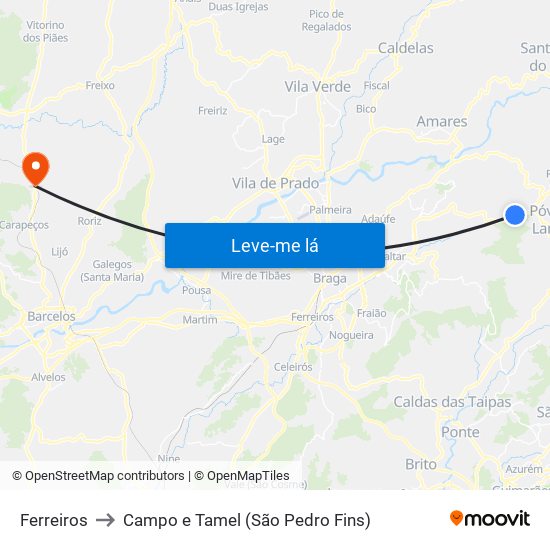 Ferreiros to Campo e Tamel (São Pedro Fins) map