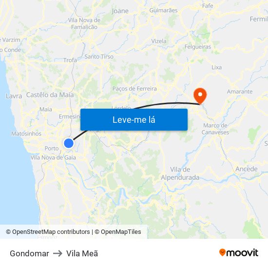 Gondomar to Vila Meã map