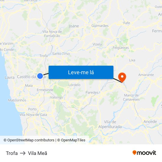 Trofa to Vila Meã map