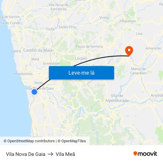 Vila Nova De Gaia to Vila Meã map