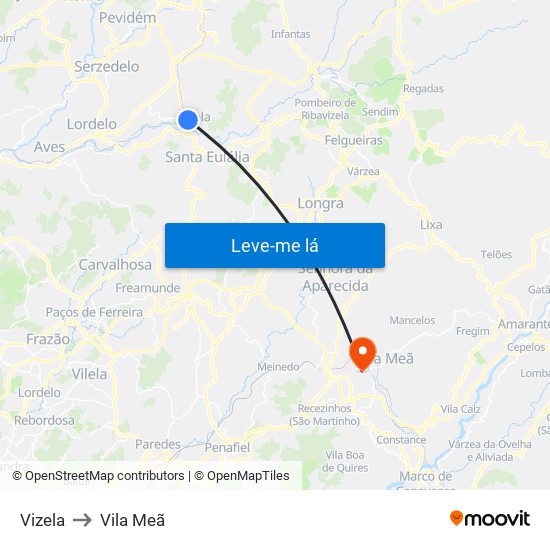 Vizela to Vila Meã map