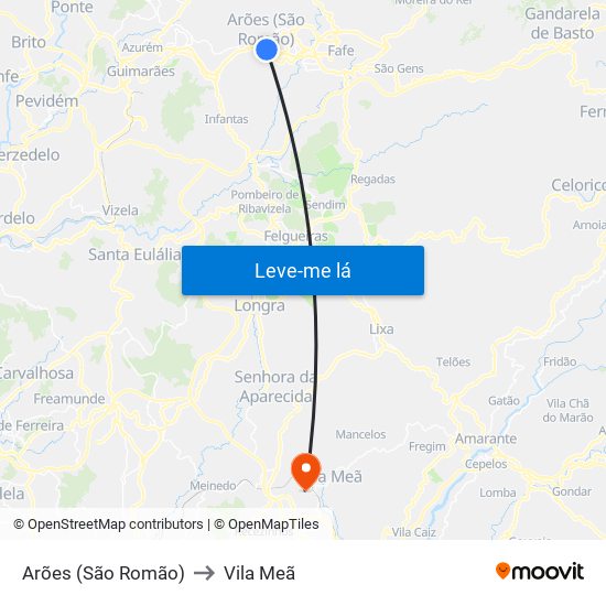 Arões (São Romão) to Vila Meã map