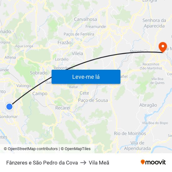 Fânzeres e São Pedro da Cova to Vila Meã map