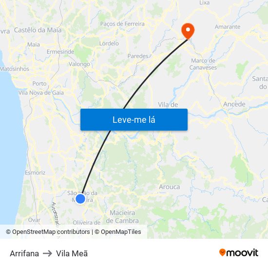 Arrifana to Vila Meã map