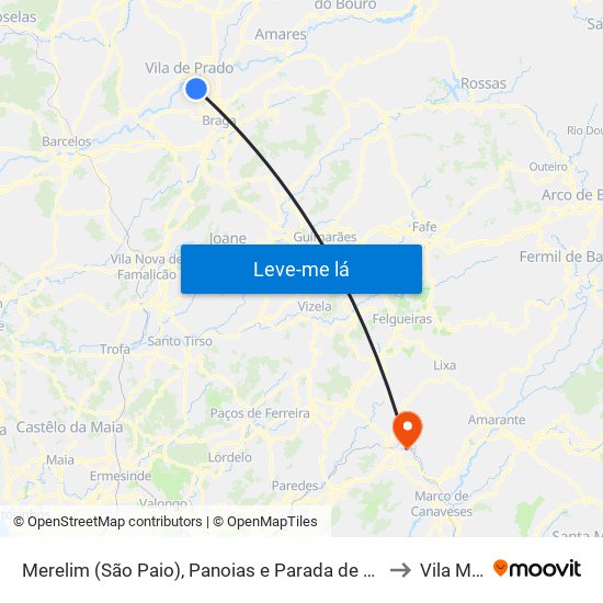 Merelim (São Paio), Panoias e Parada de Tibães to Vila Meã map