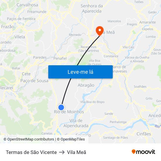 Termas de São Vicente to Vila Meã map