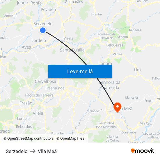 Serzedelo to Vila Meã map