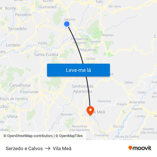 Serzedo e Calvos to Vila Meã map