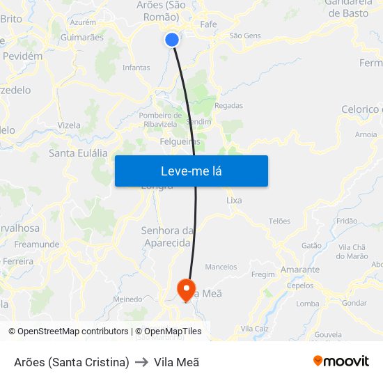 Arões (Santa Cristina) to Vila Meã map