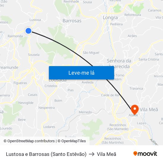 Lustosa e Barrosas (Santo Estêvão) to Vila Meã map