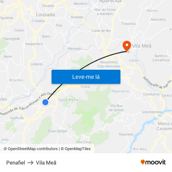 Penafiel to Vila Meã map