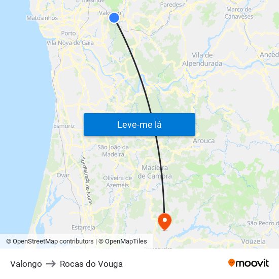 Valongo to Rocas do Vouga map