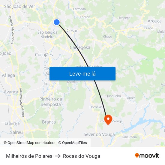 Milheirós de Poiares to Rocas do Vouga map