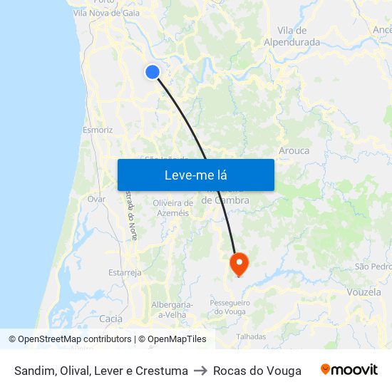 Sandim, Olival, Lever e Crestuma to Rocas do Vouga map