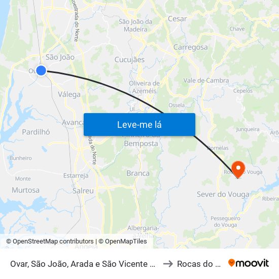 Ovar, São João, Arada e São Vicente de Pereira Jusã to Rocas do Vouga map