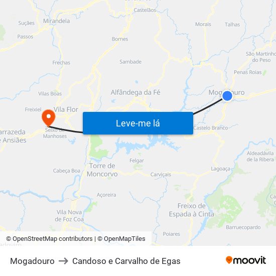 Mogadouro to Candoso e Carvalho de Egas map