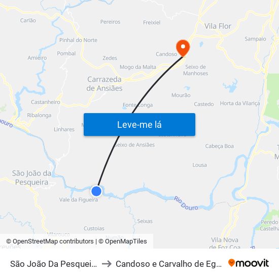 São João Da Pesqueira to Candoso e Carvalho de Egas map