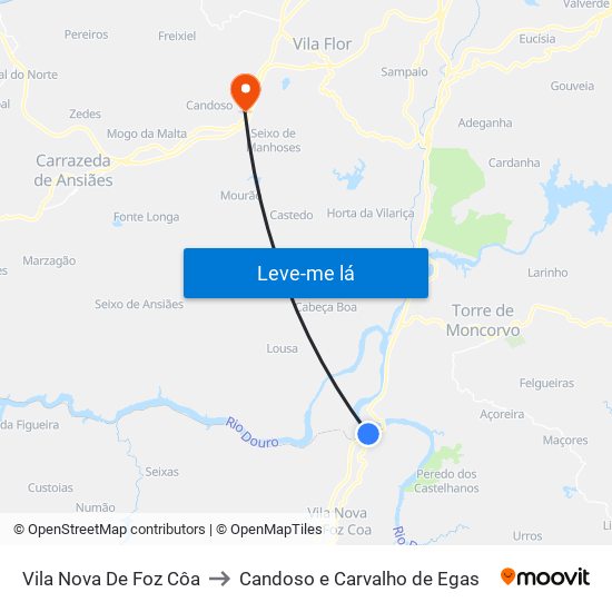 Vila Nova De Foz Côa to Candoso e Carvalho de Egas map