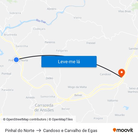 Pinhal do Norte to Candoso e Carvalho de Egas map