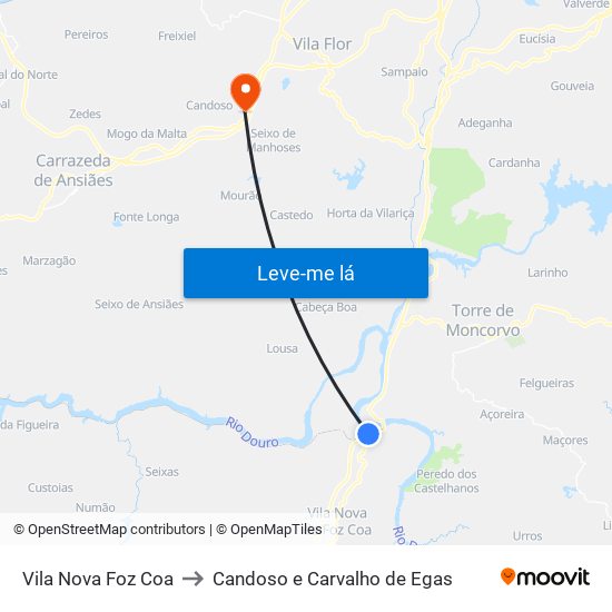 Vila Nova Foz Coa to Candoso e Carvalho de Egas map