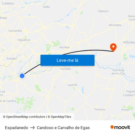 Espadanedo to Candoso e Carvalho de Egas map