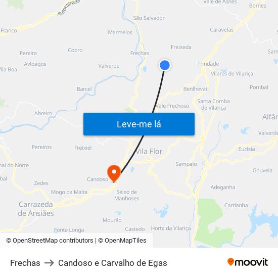 Frechas to Candoso e Carvalho de Egas map