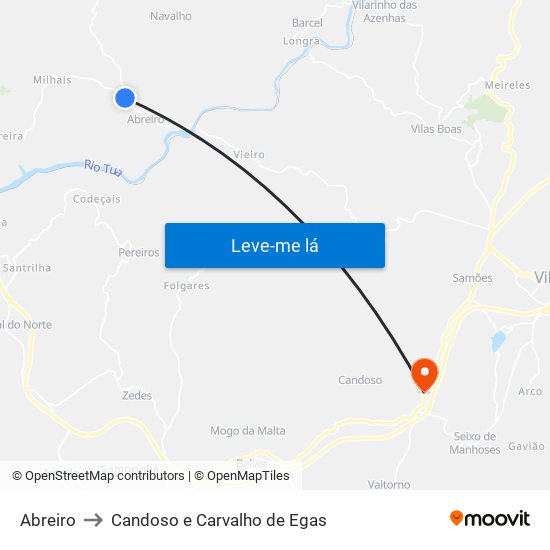 Abreiro to Candoso e Carvalho de Egas map