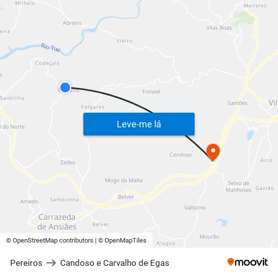 Pereiros to Candoso e Carvalho de Egas map