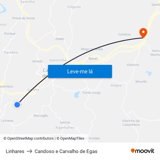 Linhares to Candoso e Carvalho de Egas map
