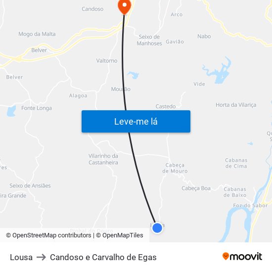 Lousa to Candoso e Carvalho de Egas map