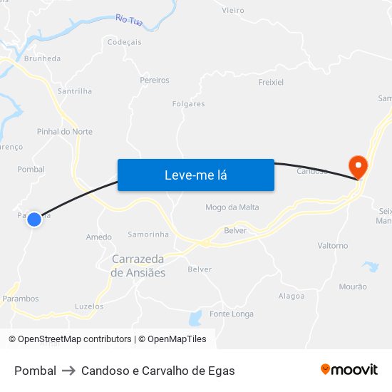 Pombal to Candoso e Carvalho de Egas map