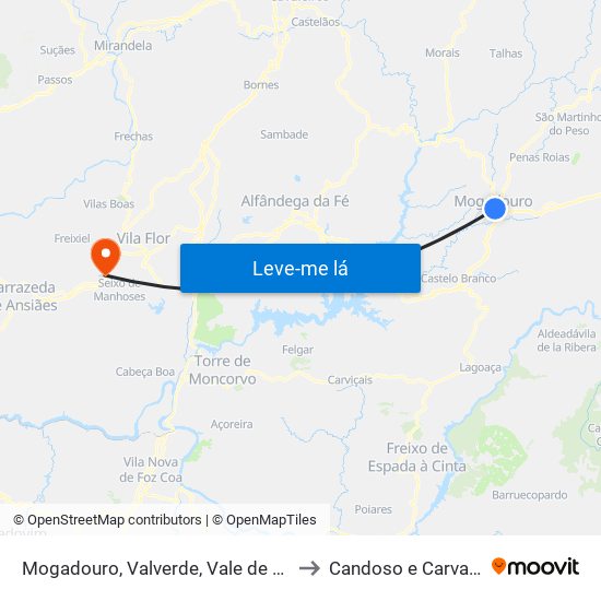 Mogadouro, Valverde, Vale de Porco e Vilar de Rei to Candoso e Carvalho de Egas map