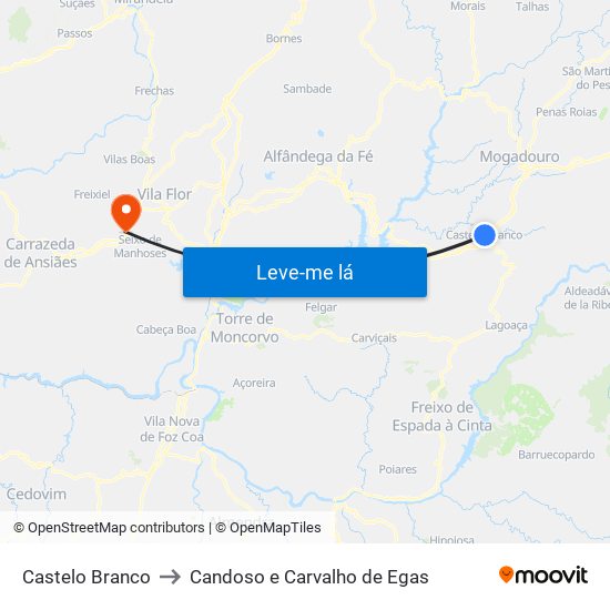 Castelo Branco to Candoso e Carvalho de Egas map