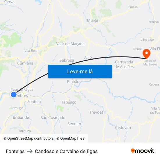 Fontelas to Candoso e Carvalho de Egas map