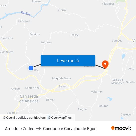 Amedo e Zedes to Candoso e Carvalho de Egas map