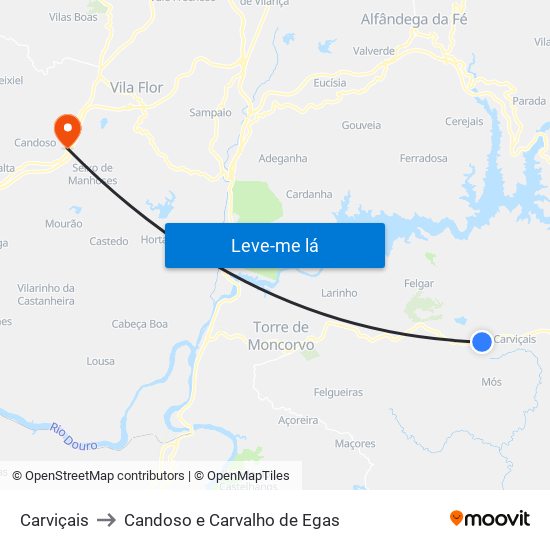 Carviçais to Candoso e Carvalho de Egas map