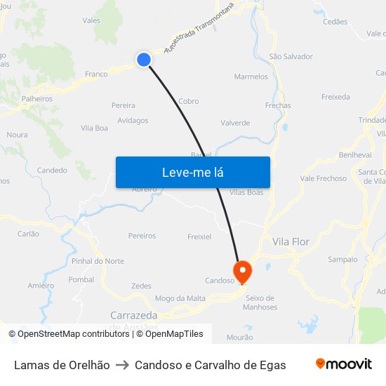 Lamas de Orelhão to Candoso e Carvalho de Egas map