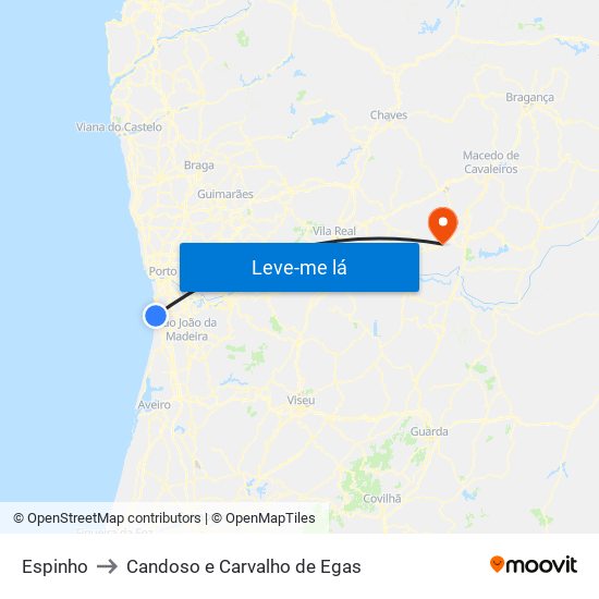 Espinho to Candoso e Carvalho de Egas map