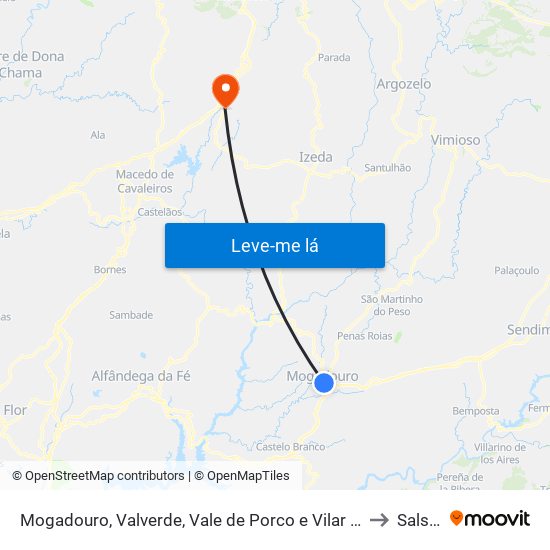 Mogadouro, Valverde, Vale de Porco e Vilar de Rei to Salsas map
