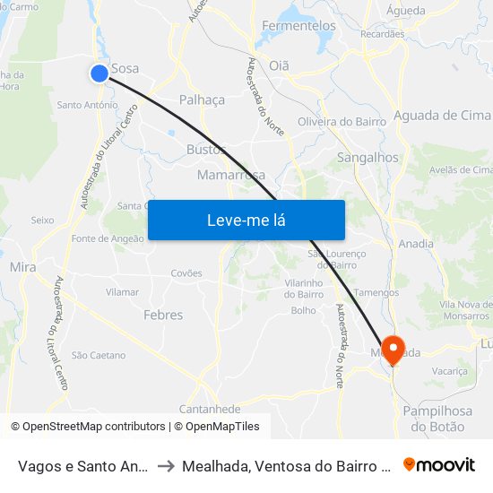 Vagos e Santo António to Mealhada, Ventosa do Bairro e Antes map