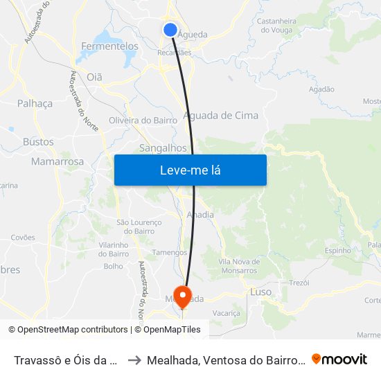 Travassô e Óis da Ribeira to Mealhada, Ventosa do Bairro e Antes map