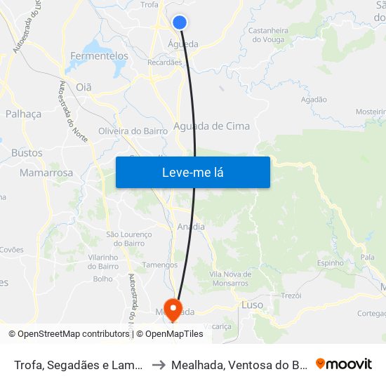 Trofa, Segadães e Lamas do Vouga to Mealhada, Ventosa do Bairro e Antes map