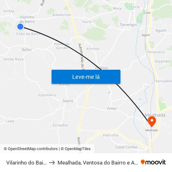 Vilarinho do Bairro to Mealhada, Ventosa do Bairro e Antes map