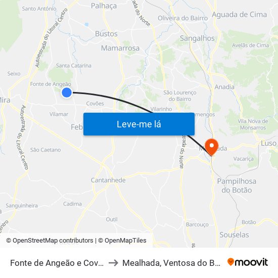 Fonte de Angeão e Covão do Lobo to Mealhada, Ventosa do Bairro e Antes map