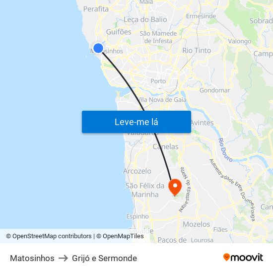 Matosinhos to Grijó e Sermonde map