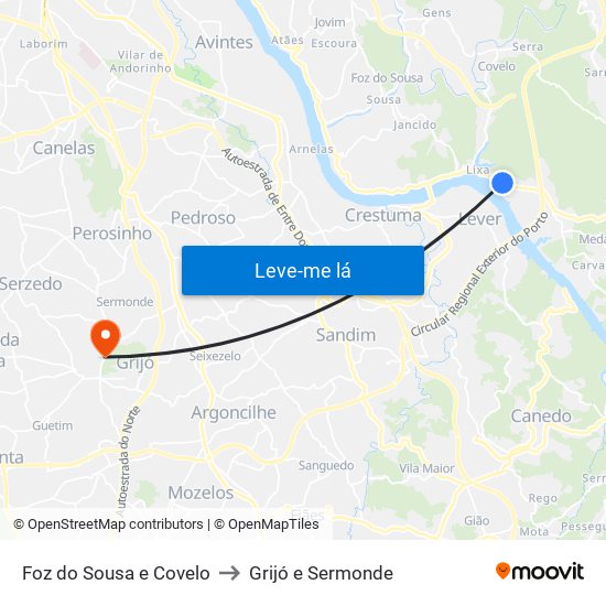 Foz do Sousa e Covelo to Grijó e Sermonde map